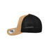 A tan and black UFlex Adults Comfort Trucker Cap featuring a mesh back and a branding label.