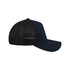 A navy and black trucker cap with a mesh back and a curved brim, featuring a logo on the side.