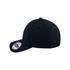 A black recycled cap with a curved brim and a fitted design, featuring a logo on the side.