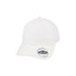 A white cap with a curved brim, featuring a logo and designed as a recycled adult ottoman cap.