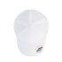 A white recycled ottoman cap with a round top and an adjustable strap. It features a logo.