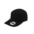 A black UFlex Washed Cotton 5 Panel Cap with a rounded top and a stiff brim. It features a logo.