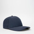 A navy blue sports cap with a structured design and mesh panels, featuring a logo on the side.