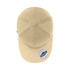A beige sports cap featuring a logo and mesh ventilation panels, viewed from above.