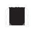 A black drawstring bag with grey corners and white cords, featuring a branding logo.