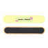 A bamboo nail file with a yellow polka dot design featuring a logo. The other side is black with a smooth finish.
