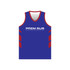 A sleeveless racerback singlet in blue with red accents and a logo on the front.