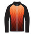 A full zip track jacket featuring an orange and black geometric pattern with a logo on the front.