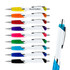 A set of ten plastic ballpoint pens in various colours with a white body and a branded logo.