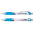 A dual-tone plastic pen in white and blue with silver accents, featuring a logo on one side.