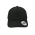 A black high-profile snapback cap with a curved brim and a logo on the side.