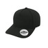A black high-profile five-panel snapback cap with a round logo on the side.