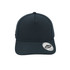 A dark navy trucker cap with a structured front panel and a branded tag on the side.