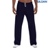 Navy blue adult open bottom sweatpants with an elastic waistband and drawstring, featuring a logo on the top right.