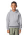 A youth hooded sweatshirt in grey, featuring a front pocket and a drawstring hood. The model is smiling and wearing casual pants.