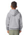 A youth hooded sweatshirt in grey, featuring a kangaroo pocket and a logo on the front.