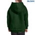 A dark green hooded sweatshirt with a large hood, viewed from the back, featuring a logo on the top corner.