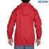 A red youth full zip hooded sweatshirt with a hood and long sleeves, featuring a logo on the top right.