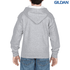 A grey youth full zip hooded sweatshirt, featuring a logo, displayed from the back on a model.