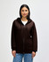 A full zip hooded sweatshirt in brown, featuring a front zipper and a hood, worn by a model.