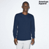 A navy long sleeve fine jersey T-shirt with a logo, worn by a model against a plain background.