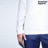 A white long sleeve fine jersey T-shirt with a logo, paired with blue denim jeans.