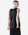 A unisex fine jersey tank top in black, featuring a minimal design and a logo on the back.