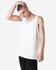 A unisex fine jersey tank in white, featuring a relaxed fit and a simple design. The model stands with a hand on their head.