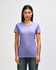 A purple Gildan Heavy Cotton ladies' T-shirt displayed on a model. It has short sleeves and a classic fit.
