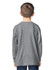 A grey long sleeve youth T-shirt featuring a logo on the back, shown on a child from behind.