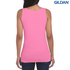 A fitted ladies' tank top in pink with a branding logo on the top right corner.