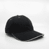 A black cap with a contrasting white trim and logo, featuring six ventilation holes on the crown.