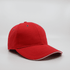 A red cap with a curved brim and a contrasting trim, featuring ventilation eyelets and a logo.