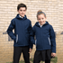 A navy blue softshell jacket with a hood, featuring contrasting white zippers and side pockets, worn by two children.