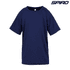A navy blue t-shirt with short sleeves and a relaxed fit, featuring a logo on the side.