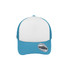A trucker cap featuring a white front panel and blue mesh sides. It includes a logo on the side.
