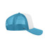 A blue and white trucker cap featuring a mesh back and a solid visor. It has a logo on the side.