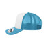 A blue and white trucker cap featuring mesh panels and a logo on the brim.
