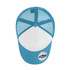 A trucker cap featuring a blue mesh design with a white front panel and a logo label on the side.