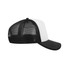 A black and white UFlex Snap Back Trucker cap with a mesh back and a curved brim, featuring a logo.
