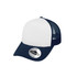 A trucker cap featuring a white front panel and navy mesh back, with a logo on the side.