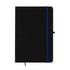 A black A5 notebook with a blue elastic band and bookmark, featuring a minimalist design and a logo.