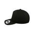A black snapback cap with a flat brim and a branding logo on the side.
