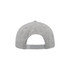 A grey snapback cap featuring a 5-panel design and an adjustable strap at the back with a logo.