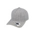 A grey five-panel snapback cap with a slightly textured fabric and a logo on the front.
