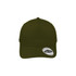 An olive green snapback cap with a flat brim and a logo on the side.