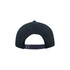 A black snapback cap featuring a solid design and an adjustable strap at the back.