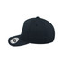 A black five-panel snapback cap with a branded tag on the side.