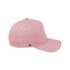 A pink five-panel snapback cap featuring a logo on the side.