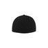 A black fitted cap featuring a smooth, seamless design and a logo on the side.